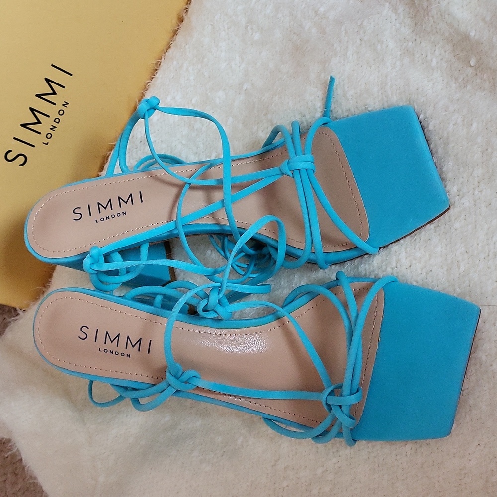 Light Blue Strappy heels Lace Up Square Open toe